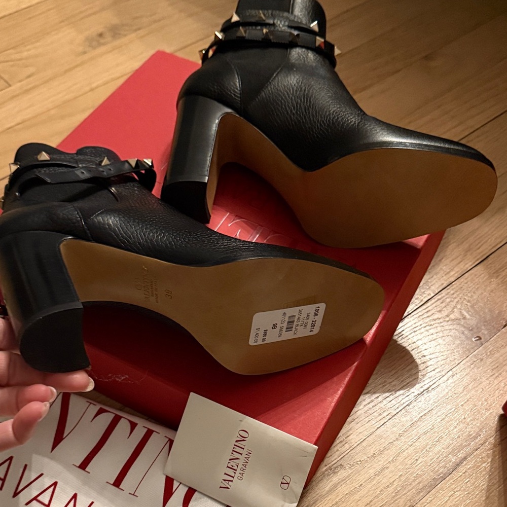 Valentino Garavani Black Pebble Leather Ankle Boots with Silver Studs - Picture 3 of 5